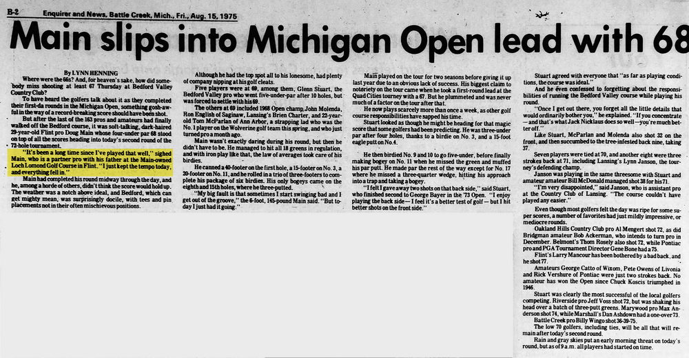 Loch Lomond Golf Club - Aug 15 1975 Article On Doug Main
